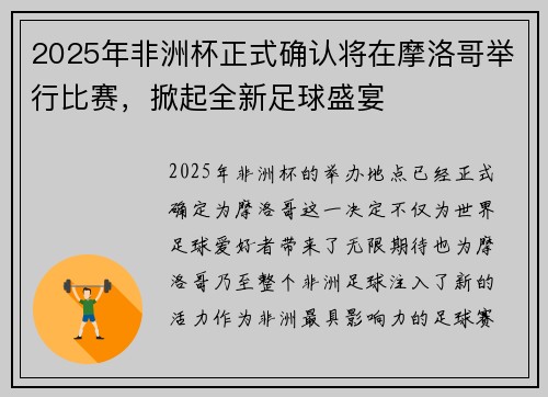 2025年非洲杯正式确认将在摩洛哥举行比赛，掀起全新足球盛宴