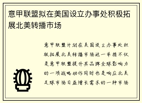 意甲联盟拟在美国设立办事处积极拓展北美转播市场 意甲联盟拟在美国设立办事处积极拓展北美转播市场